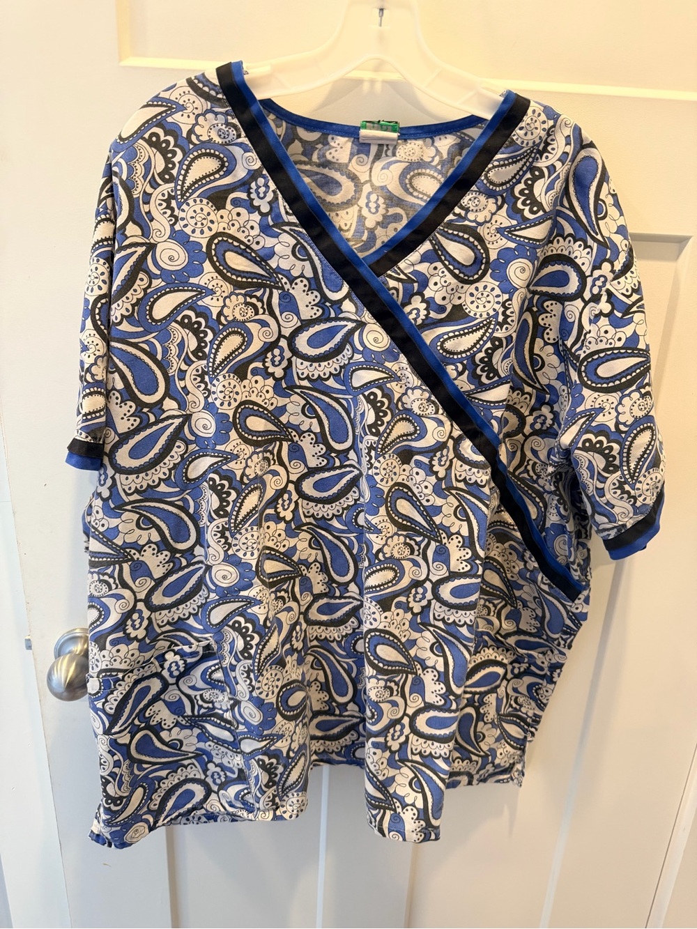 WS Gear 3X Blue Paisley Faux Wrap Top Plus Size 3/4 Sleeve Stretch scrub Blouse